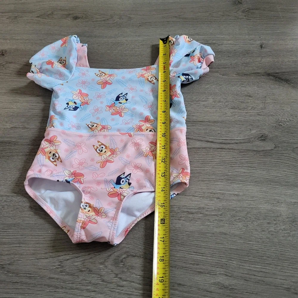 Bluey Bingo Girls 4T One Piece Swimsuit‎ Puff Sleeve Floral Blue Pink Toddler
